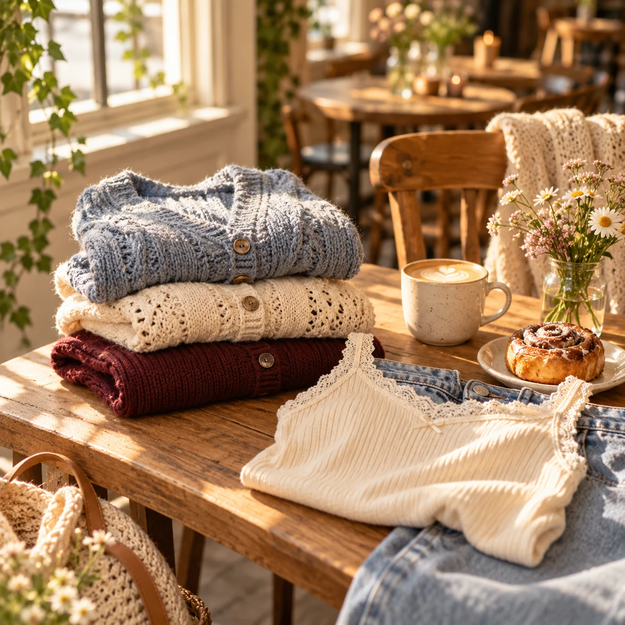Editorial mood image showing comfortable layered knitwear, coffee and soft light